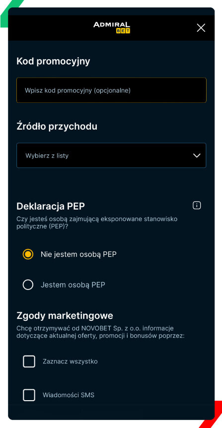 Rejestracja AdmiralBet kod promocyjny