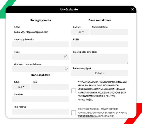 Rejestracja konta w Wettarena