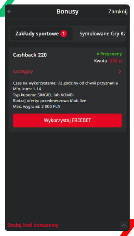 Betters cashback 220 zł